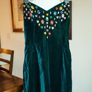 Julie Duroche After Five Green Velvet Rhinestone Vintage Dress